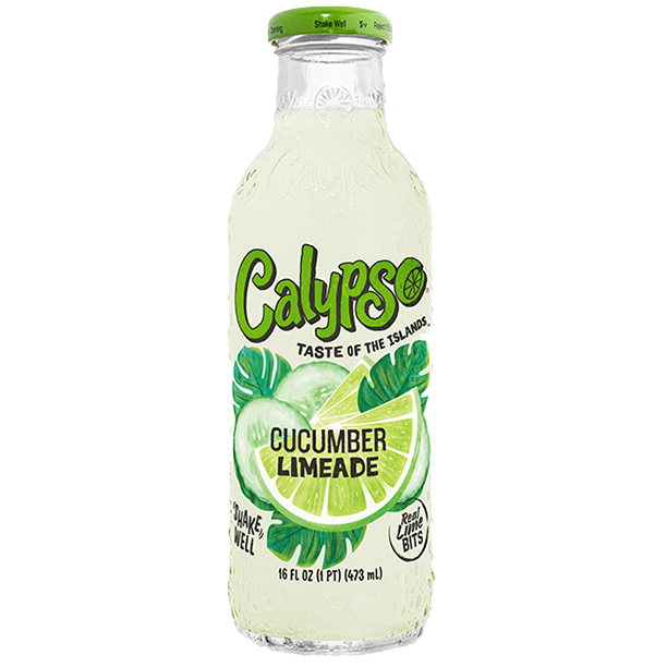 Light green Calypso Cucumber Limeade bottle on a white background