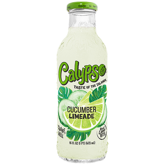 Light green Calypso Cucumber Limeade bottle on a white background