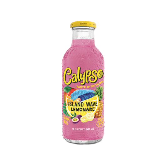 Pink bottle of Calypso Island Wave Lemonade on a white background