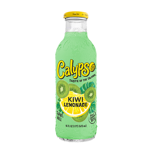 Light green Calypso Kiwi Lemonade bottle on a white background