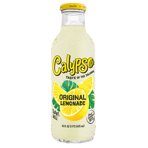 Yellow Calypso Original Lemonade bottle on a white background