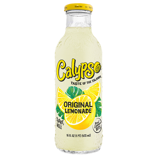 Yellow Calypso Original Lemonade bottle on a white background
