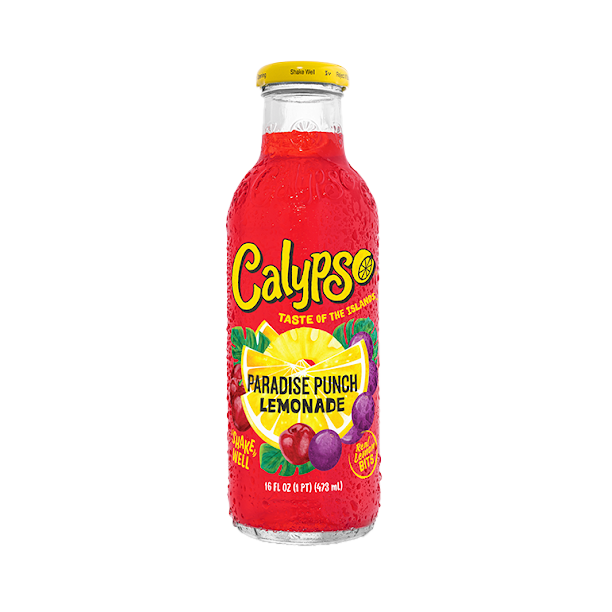 Red Calypso Paradise Punch Lemonade bottle on a white background