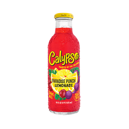 Red Calypso Paradise Punch Lemonade bottle on a white background