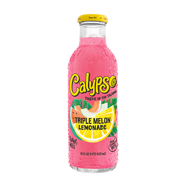 Pink bottle of Calypso Triple Melon Lemonade on a white background