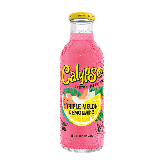 Pink bottle of Calypso Triple Melon Lemonade on a white background