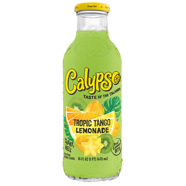 Green bottle of Calypso Tropic Tango Lemonade on a white background