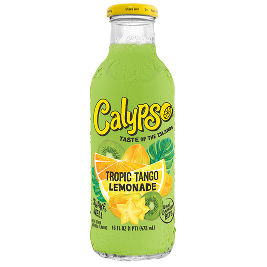 Green bottle of Calypso Tropic Tango Lemonade on a white background