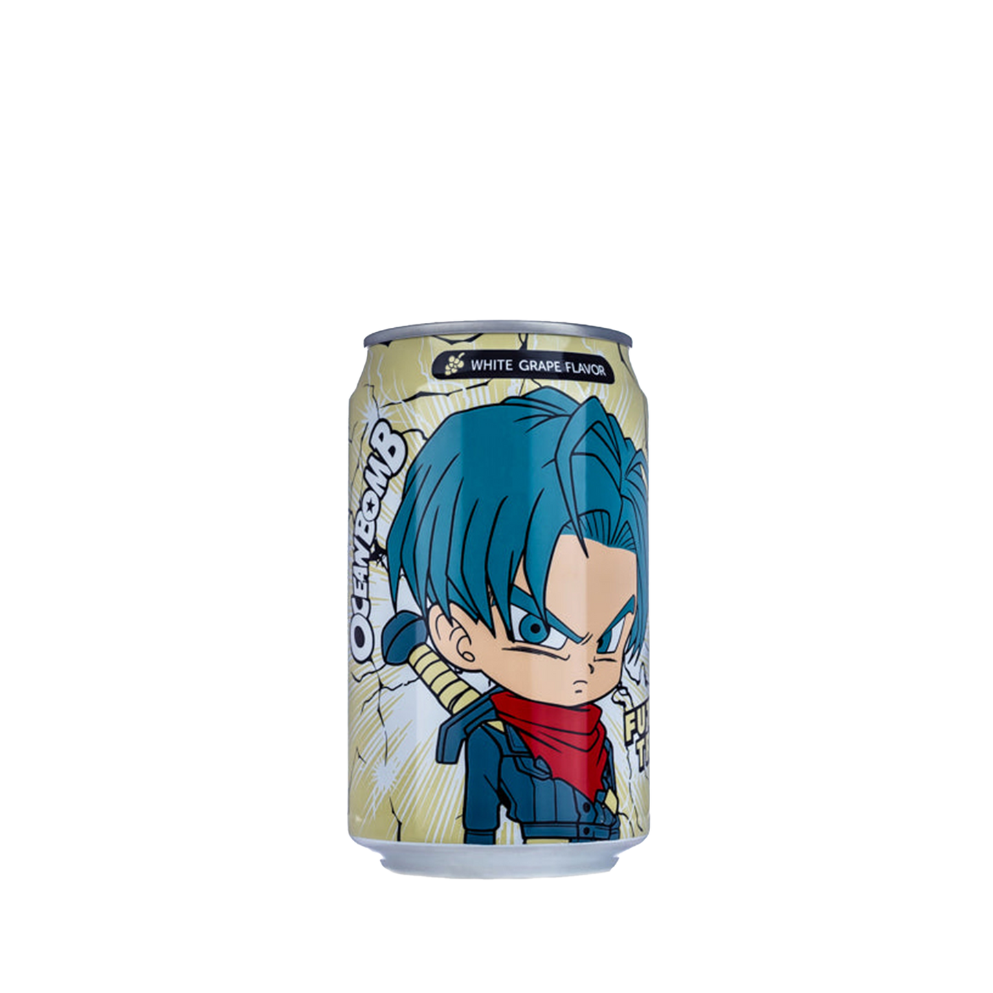 Off white colored Ocean Bomb can (White Grape flavor) with anime character design