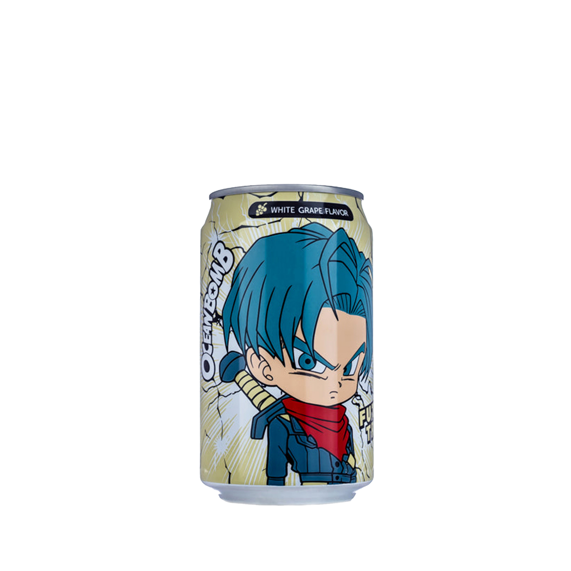 Off white colored Ocean Bomb can (White Grape flavor) with anime character design