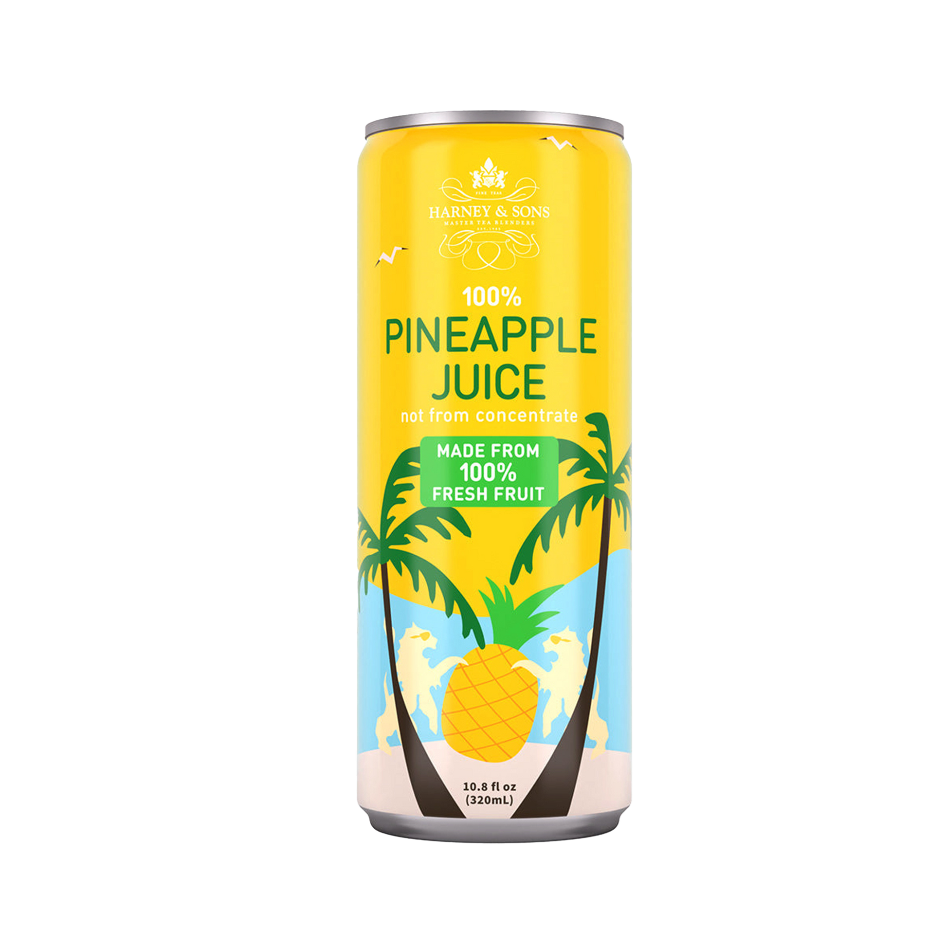 Can of pineapple juice with palm tree design on a white background