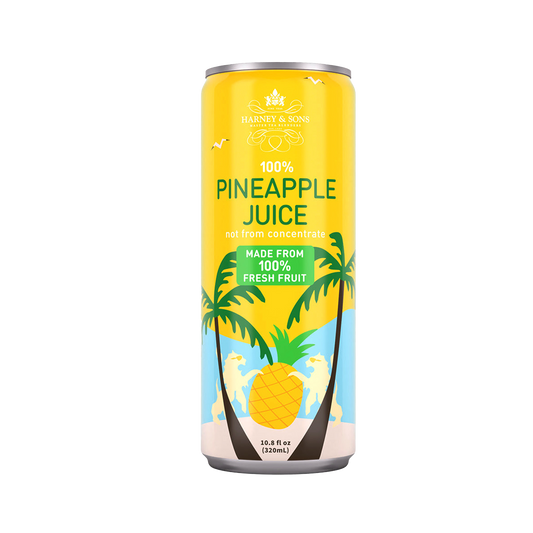 Can of pineapple juice with palm tree design on a white background