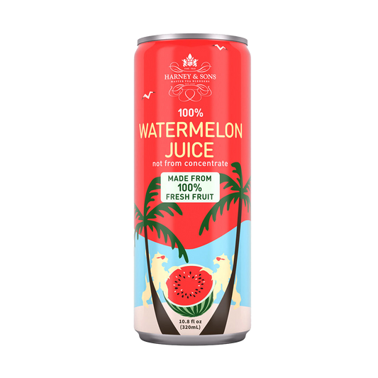 Red can of Harney & Sons watermelon juice with palm trees and watermelons on a white background