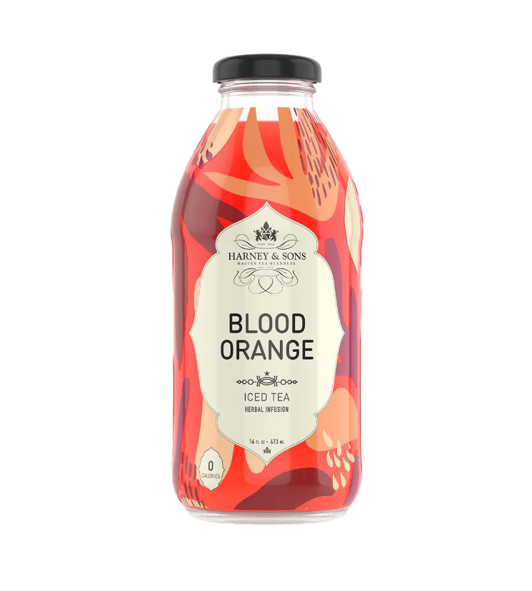 Bottle of Harney & Sons Blood Orange iced tea on a white background
