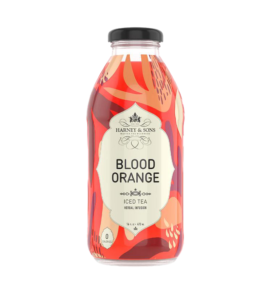 Bottle of Harney & Sons Blood Orange iced tea on a white background