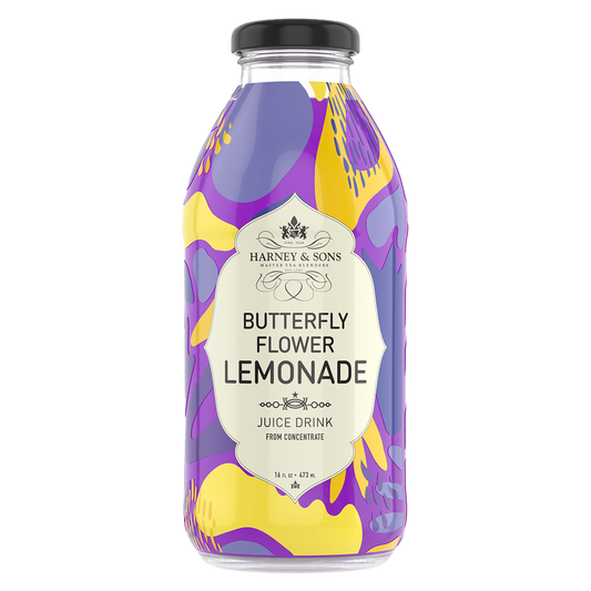 Bottle of Harney & Sons Butterfly Flower Lemonade with a colorful label on a white background