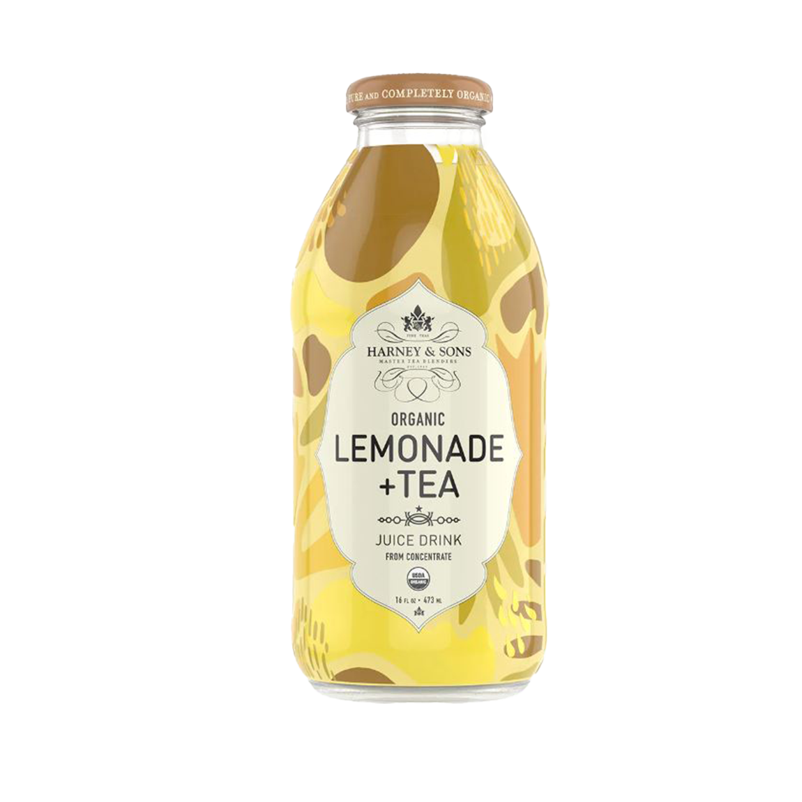 Harney & Sons Organic Lemonade + Tea bottle with yellow and brown hues.