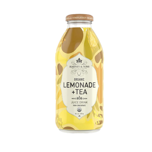 Harney & Sons Organic Lemonade + Tea bottle with yellow and brown hues.
