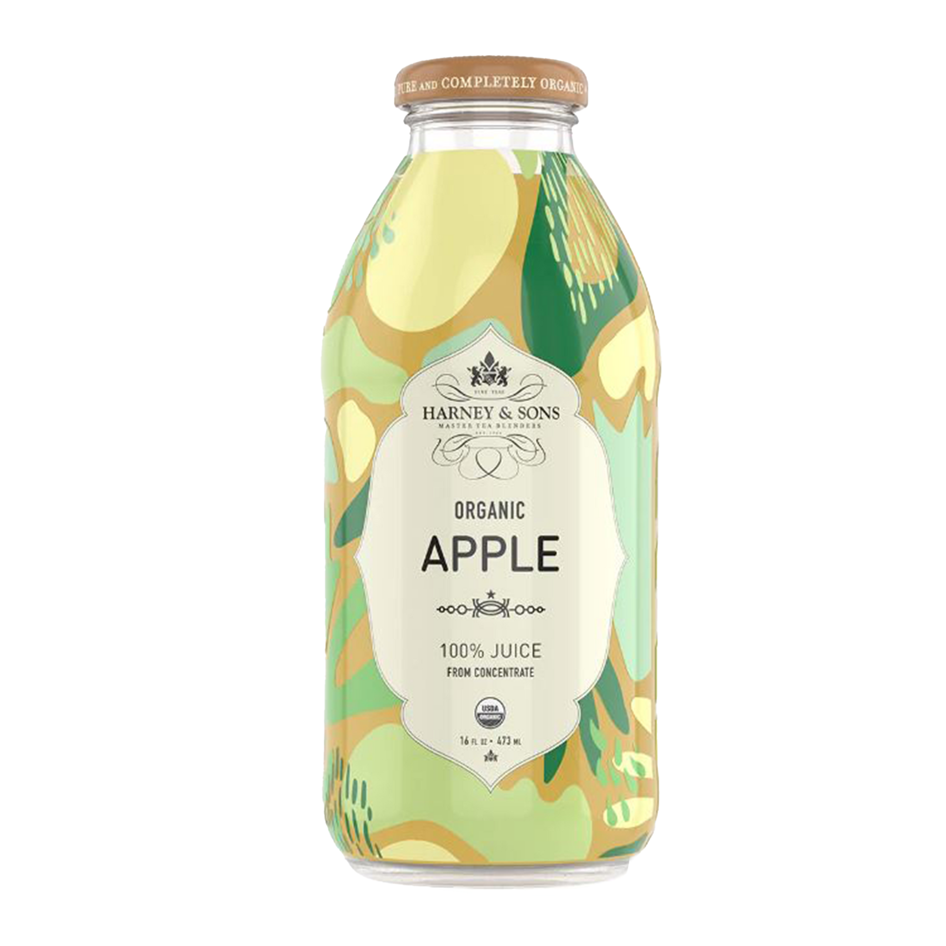 Bottle of Harney & Sons organic apple juice with apple illustrations on a white background