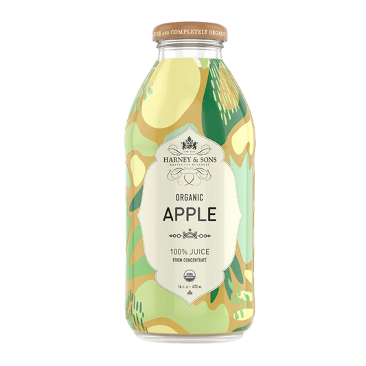 Bottle of Harney & Sons organic apple juice with apple illustrations on a white background