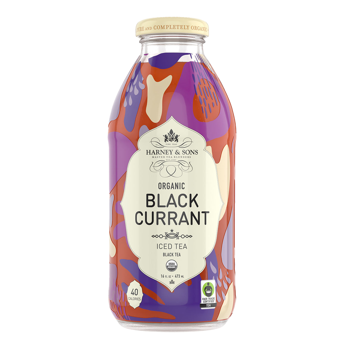 Bottle of Harney & Sons Organic Black Currant Iced Tea with colorful label on a white background