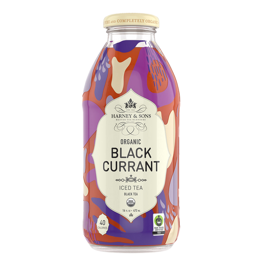 Bottle of Harney & Sons Organic Black Currant Iced Tea with colorful label on a white background
