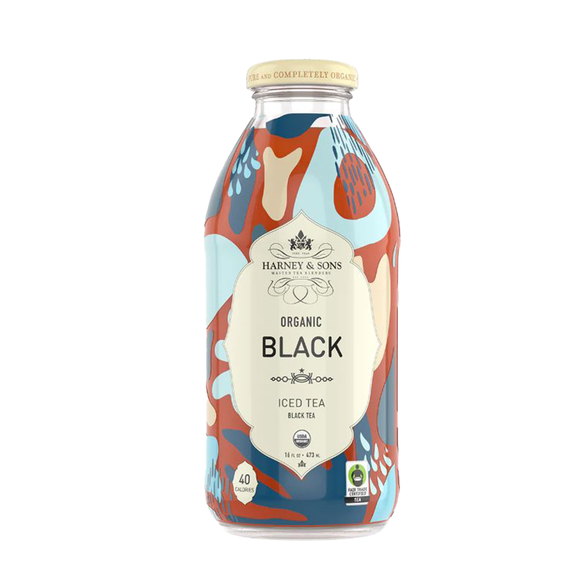 Bottle of Harney & Sons Organic Black Iced Tea with colorful label on a white background