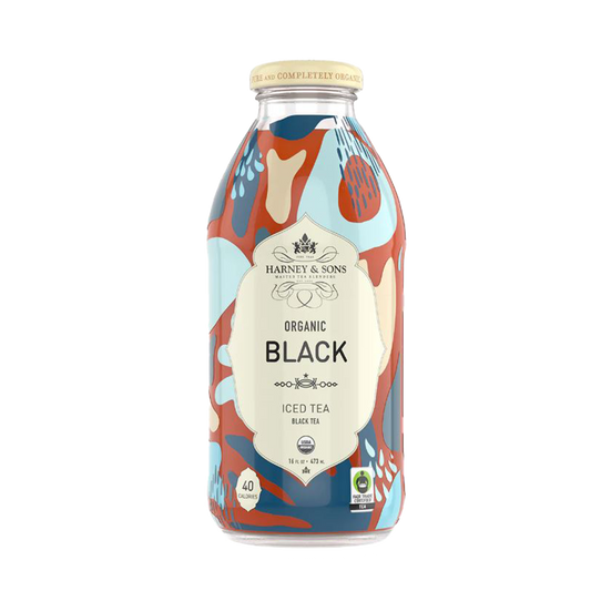 Bottle of Harney & Sons Organic Black Iced Tea with colorful label on a white background