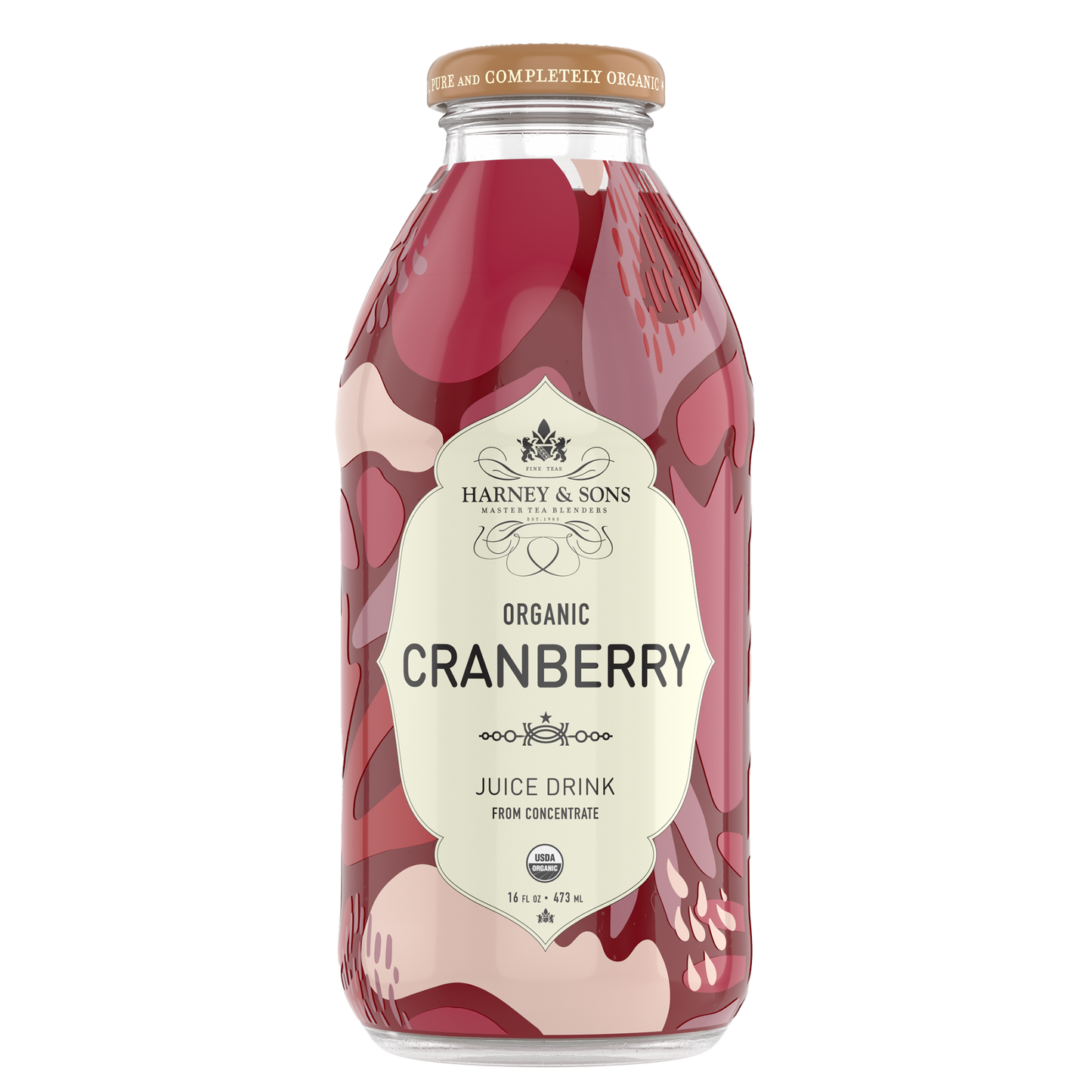 Bottle of Harney & Sons Organic Cranberry Juice Drink on a white background