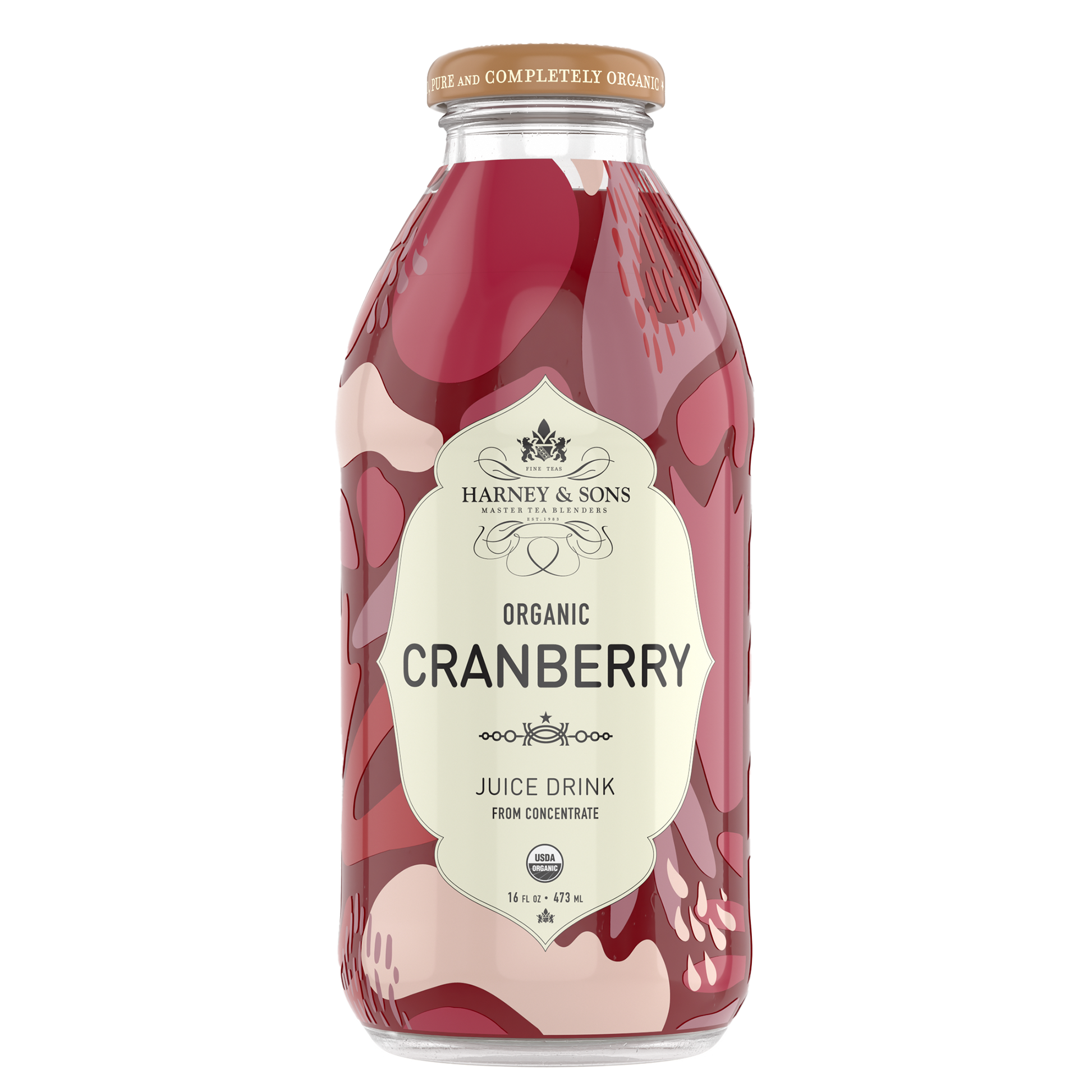 Bottle of Harney & Sons Organic Cranberry Juice Drink on a white background