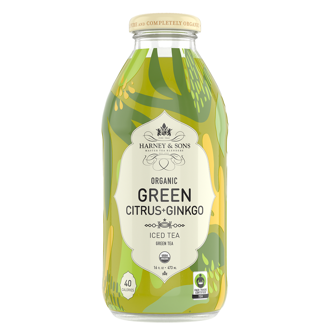 Bottle of Harney & Sons Organic Green Citrus + Ginkgo Iced Tea on a white background