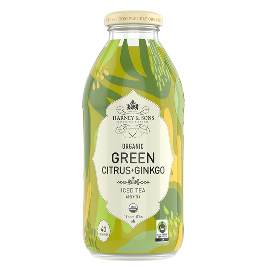 Bottle of Harney & Sons Organic Green Citrus + Ginkgo Iced Tea on a white background