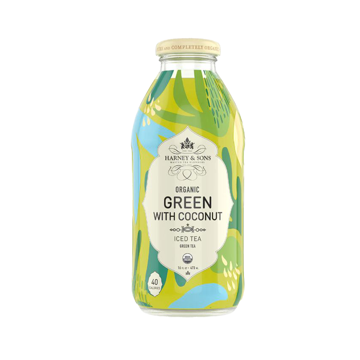 Bottle of Harney & Sons Organic Green with Coconut iced tea on a white background