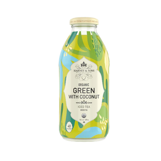 Bottle of Harney & Sons Organic Green with Coconut iced tea on a white background