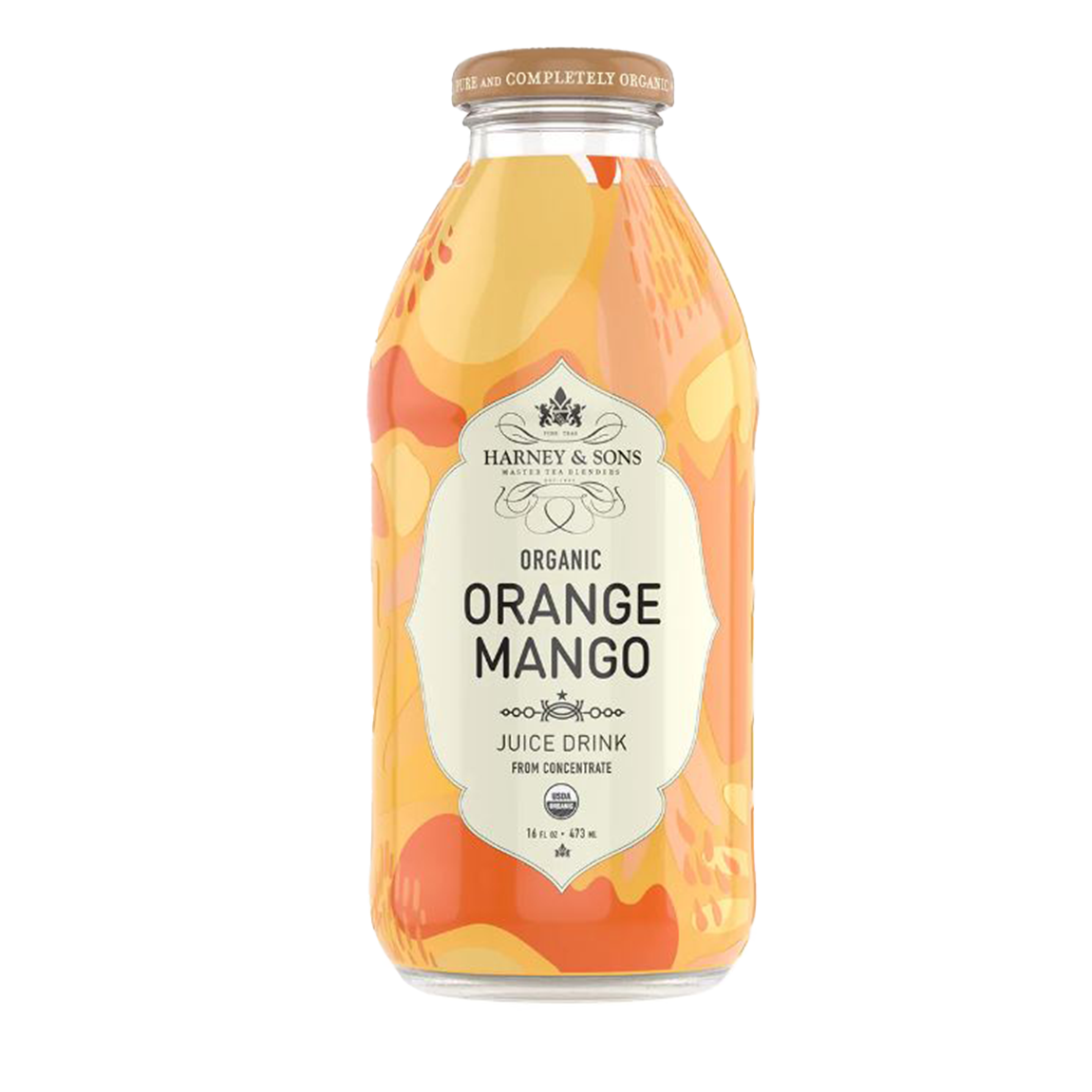 Bottle of Harney & Sons Organic Orange Mango Juice Drink on a white background