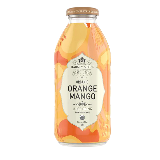 Bottle of Harney & Sons Organic Orange Mango Juice Drink on a white background