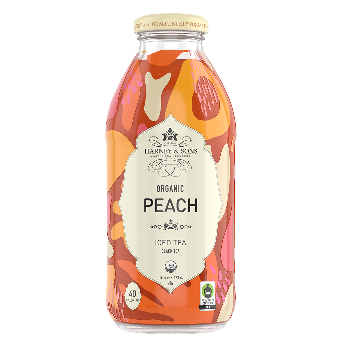 Bottle of Harney & Sons Organic Peach Iced Tea on a white background
