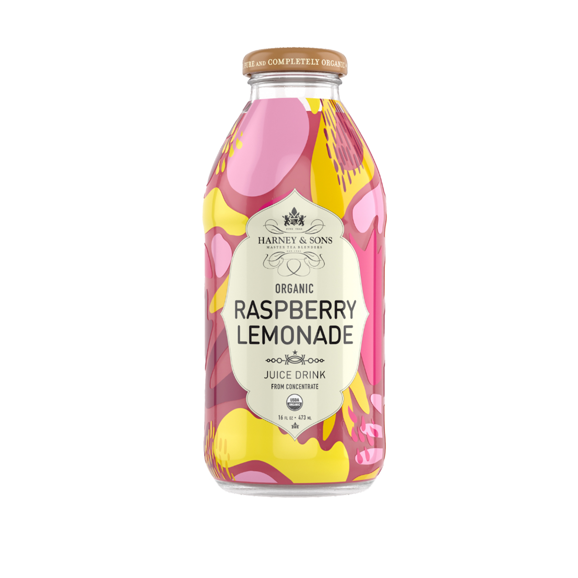 Bottle of Harney & Sons Organic Raspberry Lemonade on a white background