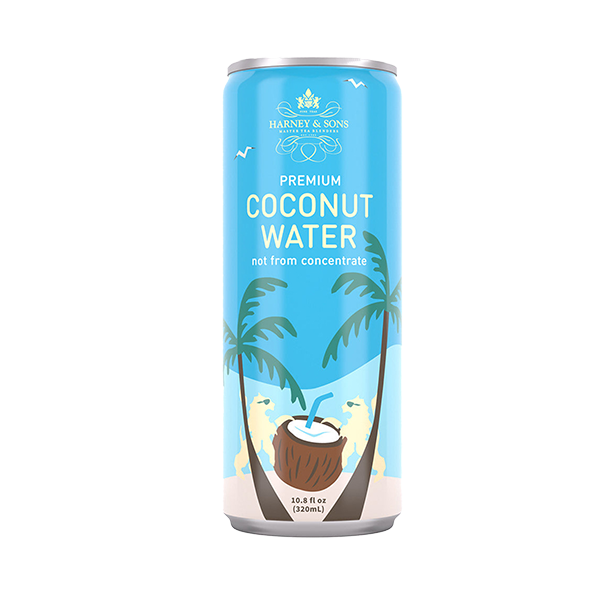 Light Blue Harney & Sons Premium Coconut Water can with palm trees and a coconut in the background.