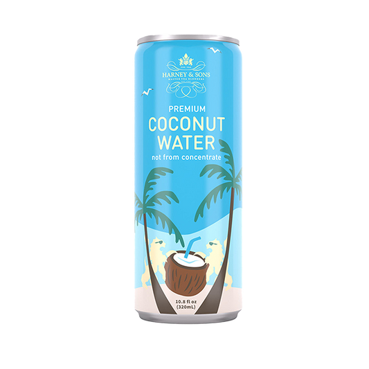 Light Blue Harney & Sons Premium Coconut Water can with palm trees and a coconut in the background.