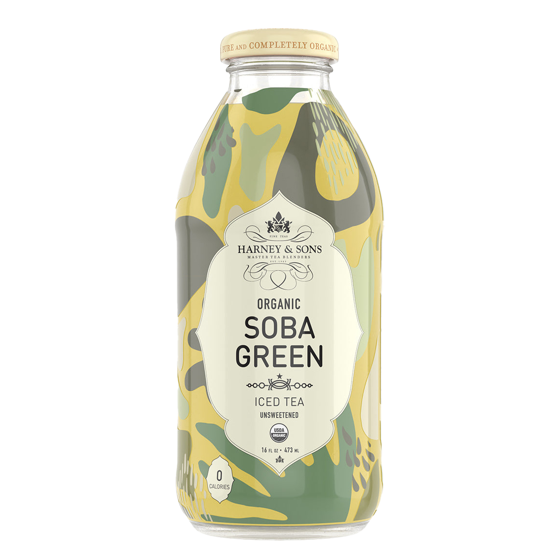 Bottle of Harney & Sons Organic Soba Green Iced Tea on a white background