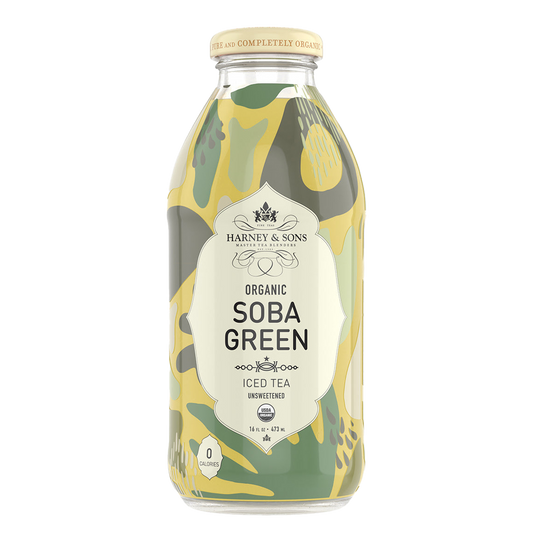 Bottle of Harney & Sons Organic Soba Green Iced Tea on a white background