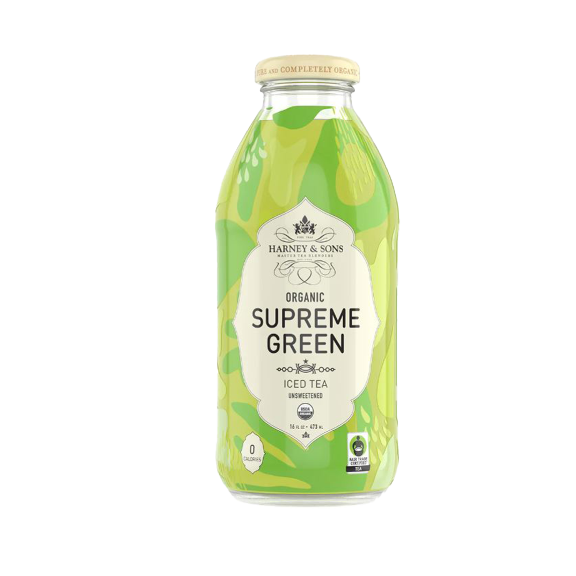 Bottle of Harney & Sons Organic Supreme Green Iced Tea on a white background