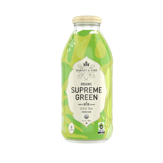 Bottle of Harney & Sons Organic Supreme Green Iced Tea on a white background