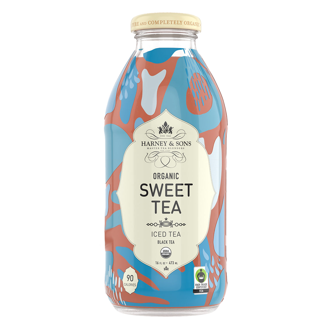 Harney & Sons Sweet Tea bottle with blue and orange hues.