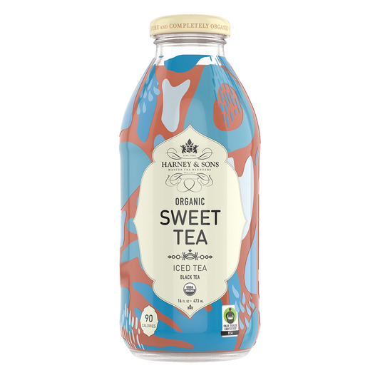 Harney & Sons Sweet Tea bottle with blue and orange hues.