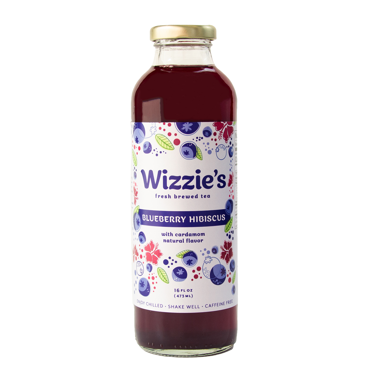 Glass Wizzie's Blueberry Hibiscus with blueberries and pink hibiscus flowers on a white label.