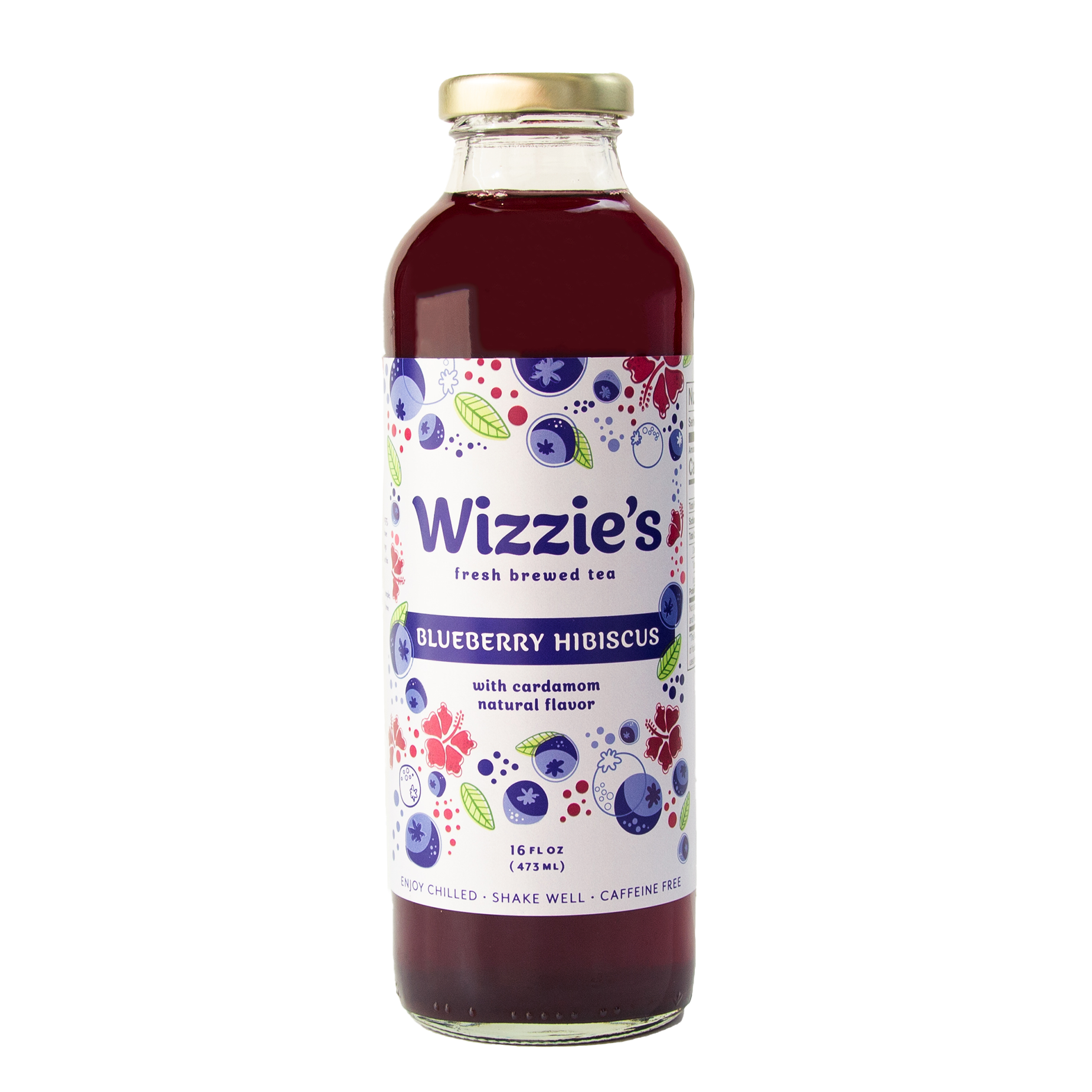 Glass Wizzie's Blueberry Hibiscus with blueberries and pink hibiscus flowers on a white label.
