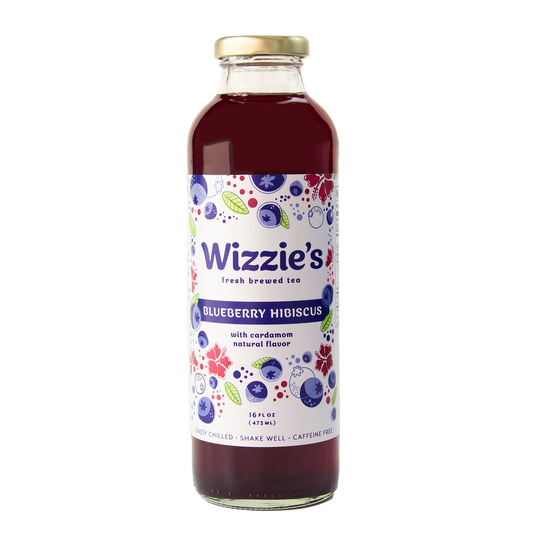 Glass Wizzie's Blueberry Hibiscus with blueberries and pink hibiscus flowers on a white label.
