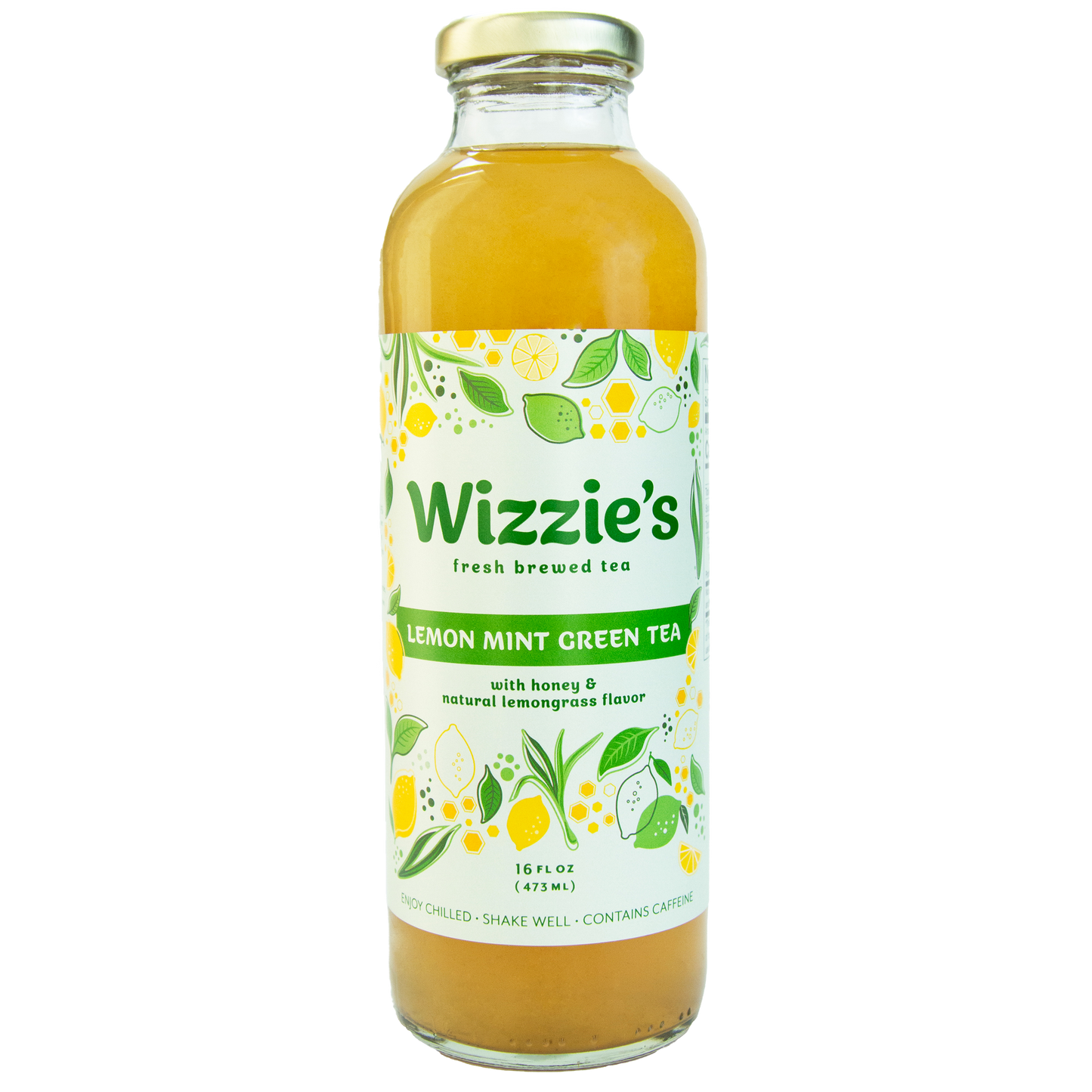 Glass Wizzie's Lemon Mint Green Tea bottle with lemons, limes and honeygrass on a white label.